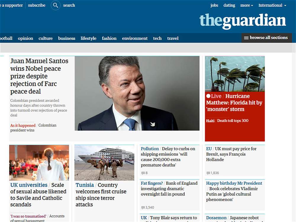 Fotografía de Titular Theguardian del Reino Unido: Juan Manuel Santos wins Nobel peace prize despite rejection of Farc peace deal